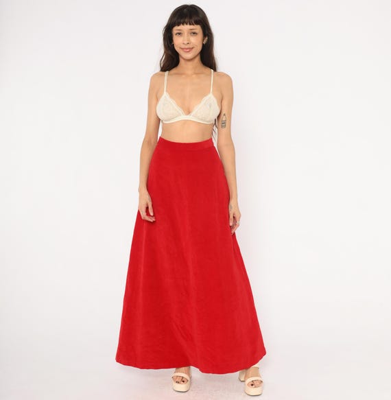 70s Red Velvet Maxi Skirt Crimson Floor Length High Waist Scarlet Long Cherry Wine Vintage Prairie Cottagecore Witchy Romantic Goth Small S