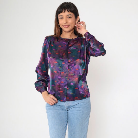 Polka Dot Blouse 80s Multicolored Puff Sleeve Shirt Button Up Top Vintage Long Sleeve Blouse Boho Retro 1980s Oversized Small 6