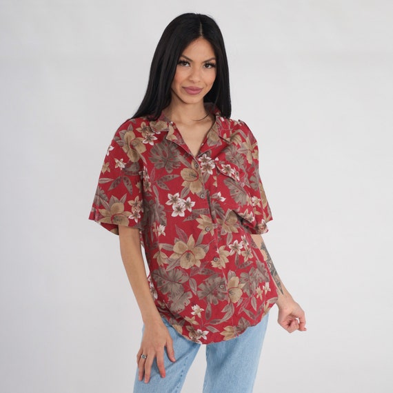 Red Hawaiian Shirt 90s Tropical Floral Blouse Button Up Top Retro Summer Short Sleeve Plumeria Flower Leaf Print Casual 1990s Vintage XL