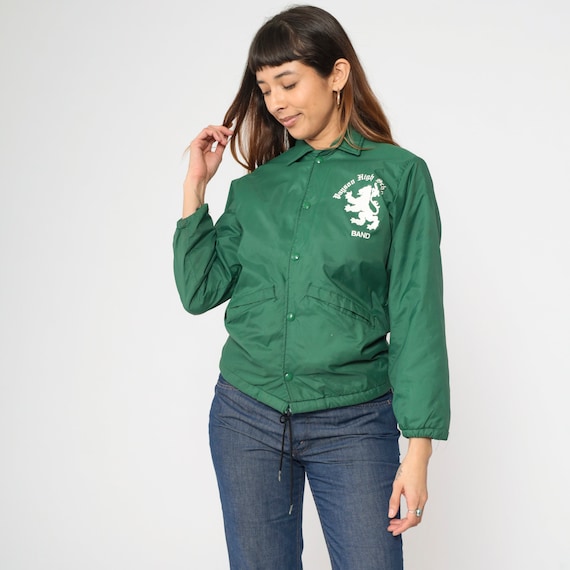 Vintage 70s Varsity Windbreaker Payson High School Band Jacket with Fleece Lining Green Nylon Jacket Snap Up Collared Youth Large 14-16