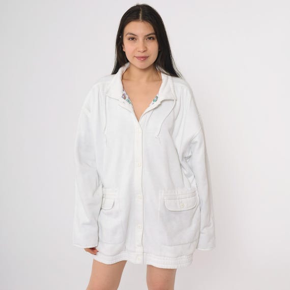 White 90s Sweatshirt Button Up Jacket Collared Long Sleeve Drawstring Neckline Outerwear Pockets Athleisure Slouchy Fit Extra Large XL