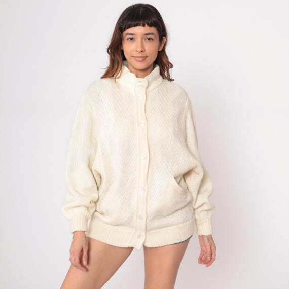 80s Cream Cardigan Button Front Long Sleeve Knit Textured Pattern Off White Ivory Oversized Vintage Cozy Sweater Grandpa Beige Medium M