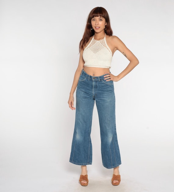 80s Bell Bottom Levis Orange Tab Jeans High Rise Flare Wide Leg Light Blue Wash Cotton Denim Vintage Cropped Ankle Wide Leg Faded Medium M