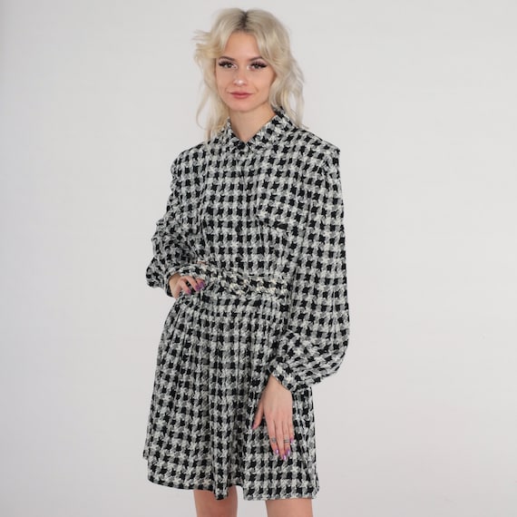 Houndstooth Dress 80s Black White Mini Dress Button Up Shirtwaist High Waist Belt Secretary Long sleeve Preppy Vintage 1980s Checkered XL 16