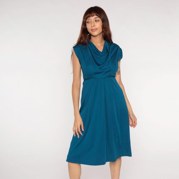 70s Teal Blue Dress Cowl Neck Sleeveless Draped Empire Waist Midi A-line Back Tie Polyester Cocktail Office Day Petite Sundress Small