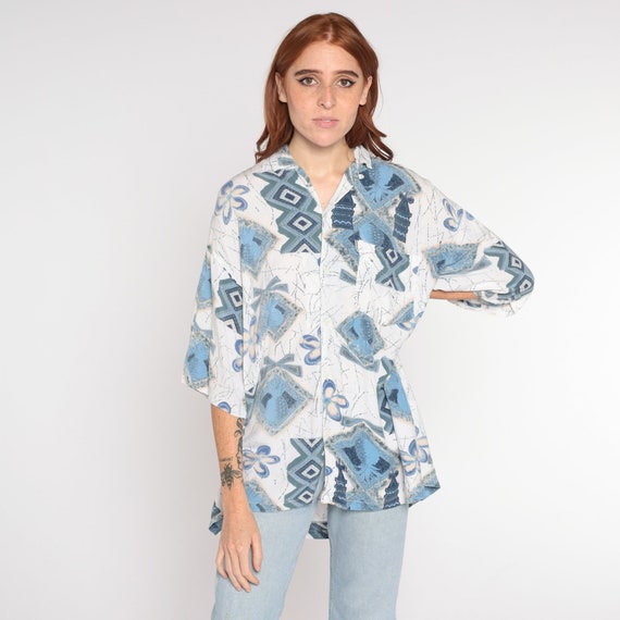 Tropical Shirt Y2k White Blue Abstract Pineapple Print Button Up Retro Surfer Beach Top Short Sleeve Summer Vintage 00s Rayon Mens Large L