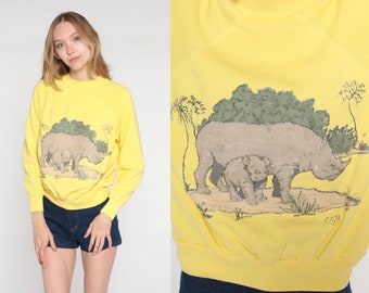 Rhino Sweatshirt 80s Yellow Glitter Sweatshirt Retro Wildlife Animal Graphic Mama Baby Safari Rhinoceros Raglan Sleeve Vintage 1980s Medium