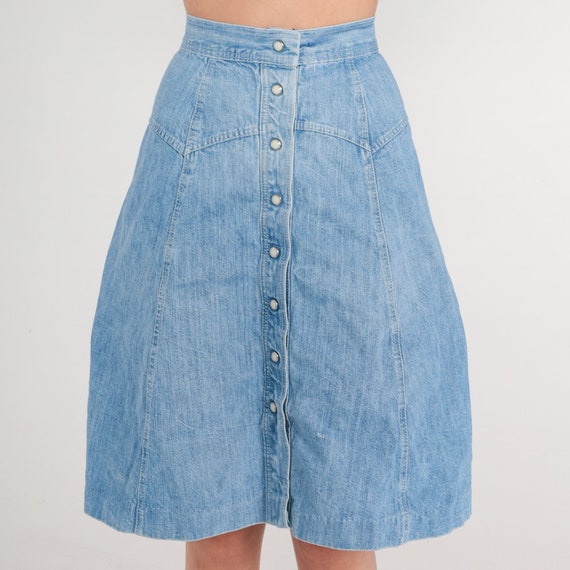 Denim Pearl Snap Skirt 80s Blue Jean Button up Mi… - image 6