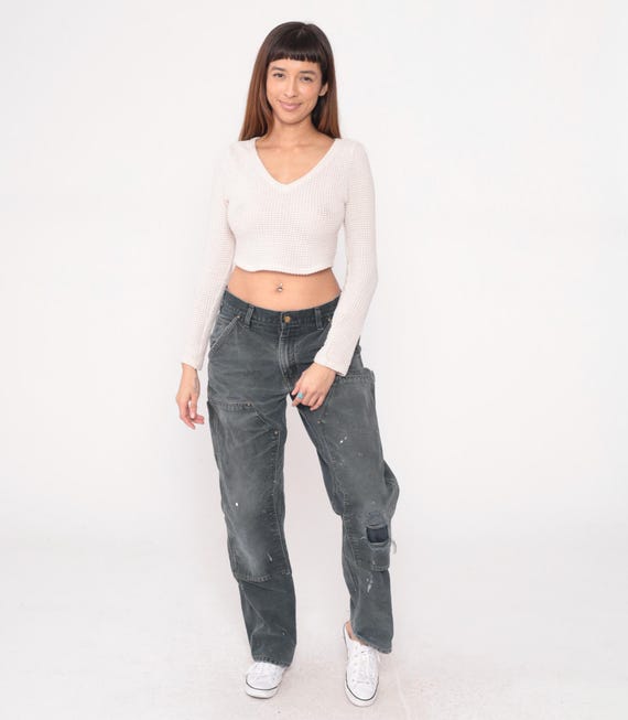 Carhartt Work Pants Y2K Paint Splatter Distressed Carpenter Black Dark Gray Grunge Gorpcore Utility Vintage Workwear Thrashed Knee 32x32