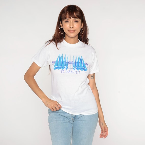 Vintage St Maarten Shirt Retro Sailboat TShirt Caribbean T Shirt 90s Travel Tee Graphic Print Crewneck 1990s White Small xs