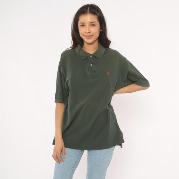90s Polo Ralph Lauren Shirt Forest Dark Green Cotton Pique Collar Short Sleeve Preppy Collegiate Moss Olive Tee Blouse Vintage Top Large L