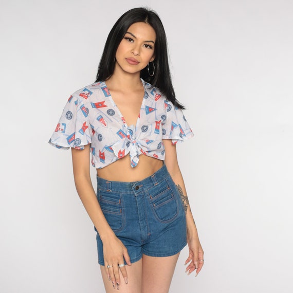Nautical Crop Top 70s Tie Front Blouse Sailing Print Shirt Summer Flutter Sleeve Retro Boho Red White Blue Vintage 1970s Small Medium Large
