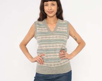 Fair Isle Sweater Vest 80s Grey Wool Blend Knit V Neck Sleeveless Top Pastel Pink Blue Cream Striped Pullover Preppy Layering Vintage Small