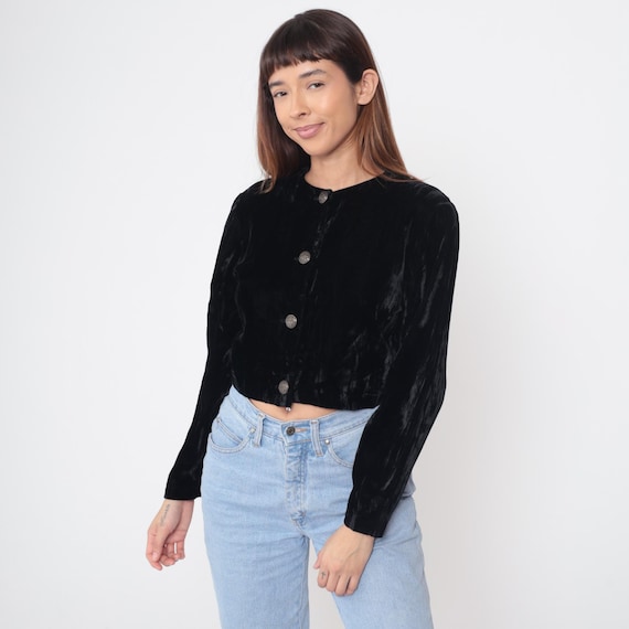 90s Black Velvet Jacket Grunge Cropped Button Front Long Sleeve Round Neck Cardigan Dark Academia Minimalist Gothic Blazer Top Small S