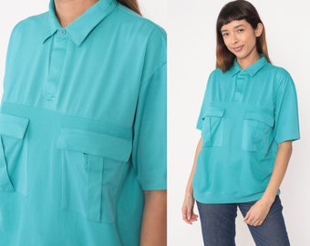 Turquoise Polo Shirt 80s Short Sleeve Shirt Button Neck Top Polo Shirt Slouchy Top 1980s Vintage Banded Hem Chest Pocket Large xl