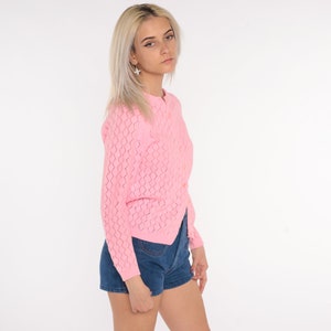 Pink Pointelle Cardigan Sweater 70s Open Weave Sheer Bright Pink Sweater Vintage Acrylic Knit 80s Slouchy Grandma Slouch Small image 4