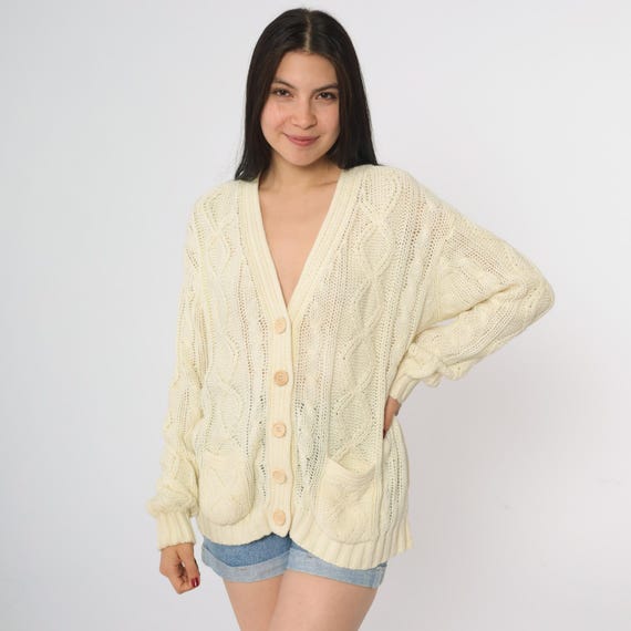 Cream Cable Knit Cardigan 80s Button Front Long Sleeve Chunky Knit Pockets Cotton Acrylic Blend Sweater Slouchy Grandpa Large L