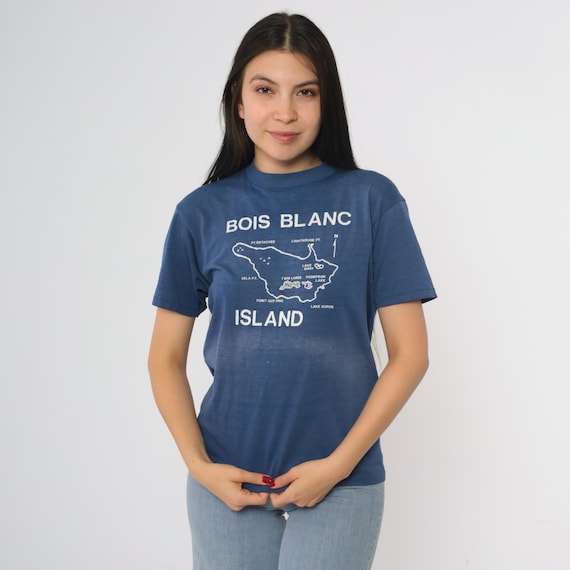 Bois Blanc Island Tshirt 80s Navy Blue Michigan Map Graphic Lake Huron Lighthouse Twin Lakes Vintage Hanes USA Made Cotton Medium