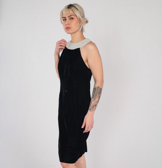 Vintage Black Velvet Dress 90s Party Dress Pearl Beaded Mini Dress Sleeveless Cocktail Pencil Dress Evening Simple LBD Sheath 1990s Small S