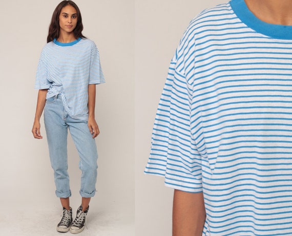 Striped TShirt 90s T Shirt Blue Top RINGER Tee 90s Grunge Hipster Retro Tee Vintage Normcore Basic Shirt Short Sleeve Extra Large xl