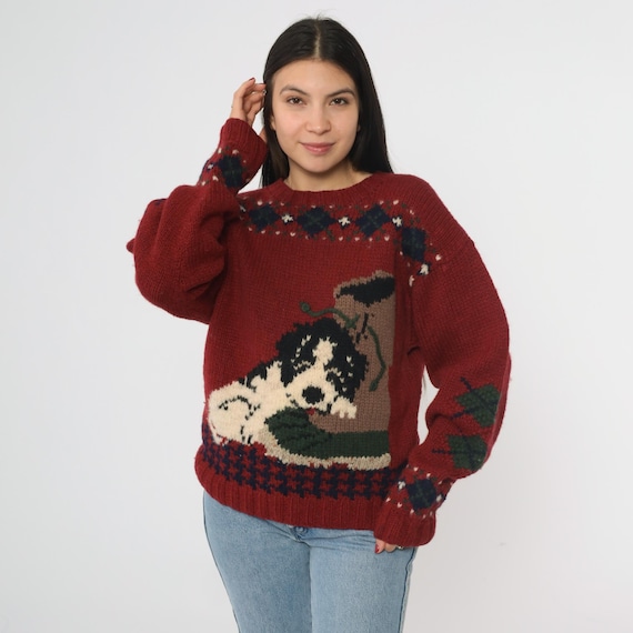 Woolrich Puppy Sweater Vintage 80s Red Knit Pullover Black White Dog Boot Argyle Fair Isle Pattern Wool Women’s Winter Holiday Large L