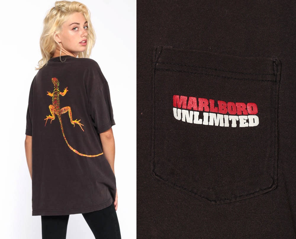 Marlboro Lizard Shirt 90s Cigarette Shirt Marlboro Tshirt Smokers T Shirt  90s Vintage Retro Oversize Black Pocket Extra Large xl l
