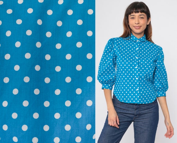 80s Polka Dot Blouse Bright Blue Balloon Puff Sleeve Shirt Button Up Top Collar Vintage 3/4 Sleeve Blouse Boho Retro 1980s Small S