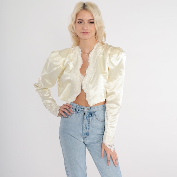 Cream Satin Jacket 80s Jessica McClintock Puff Sleeve Cropped Blazer Lace Trim Open Front Bridal Cocktail Vintage 1980s Extra Small xs