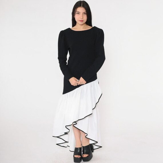 Vintage Black White Ruffle Hem Dress 80s Asymmetrical Maxi Long Sleeve Puff Sleeve 1980s Contrast Trim Drop Waist Low V Back Medium 8