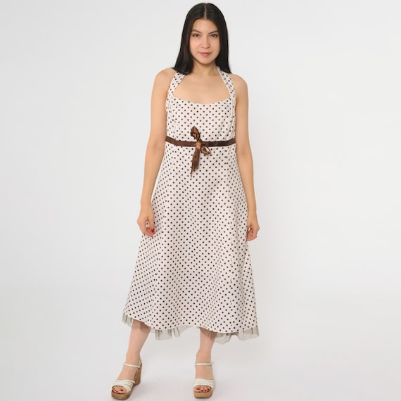 Vintage Polka Dot Halter Dress White Tulle Trim Sleeveless Y2K Brown Ribbon Bow Sleeveless Fit and Flare Empire Waist Rockabilly Large 14