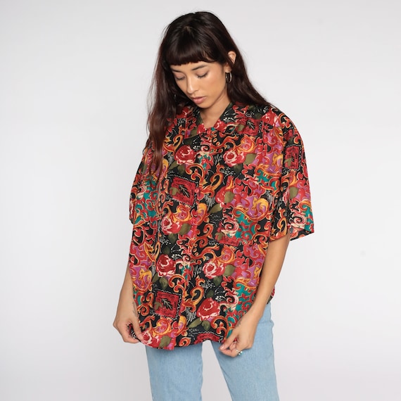 SILK Baroque Shirt 90s Black Red Rose Floral Abstract Blouse Button Up Top 1990s Short Sleeve Shirt Vintage Large L