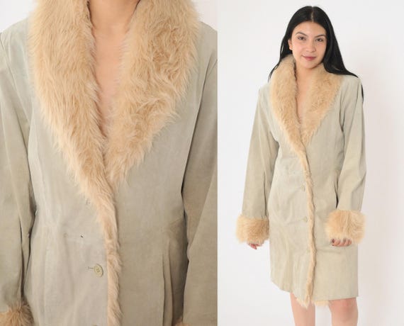 Y2K Suede Jacket Grey Leather Faux Fur Trim Penny Lane Jacket Hippie Retro Boho Button up Festival Bohemian Vintage 00s Wilsons Medium Etsy