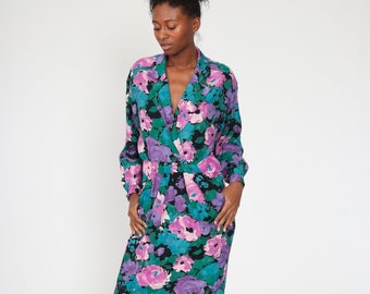Floral Wrap Dress Purple Long Dolman Sleeve Dress 80s Boho Print Midi 1980s Deep V Neck Bohemian Vintage High Waist Medium 8