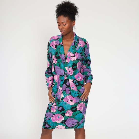 Floral Wrap Dress Purple Long Dolman Sleeve Dress 80s Boho Print Midi 1980s Deep V Neck Bohemian Vintage High Waist Medium 8