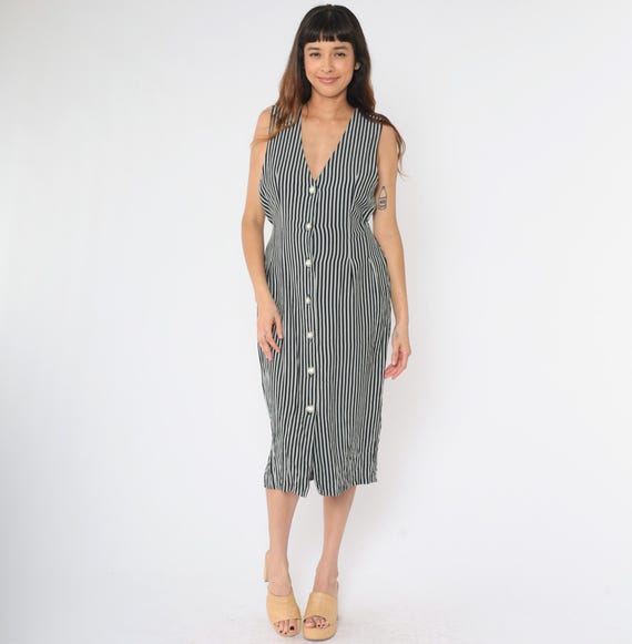 Vintage Striped Sheath Dress 90s Black Grey Button Up Pinafore Midi Dress Pencil Sleeveless V Neck Jumper Preppy 1990s Medium 8