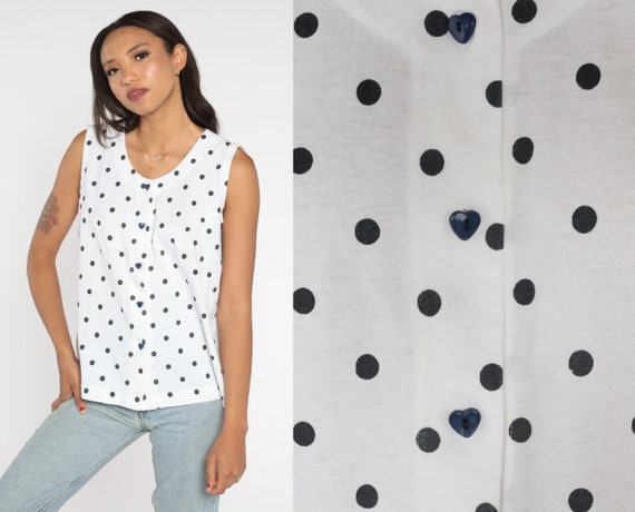 Vintage Polka Dot Tank Top 80s 90s White Shirt Single Stitch Shirt