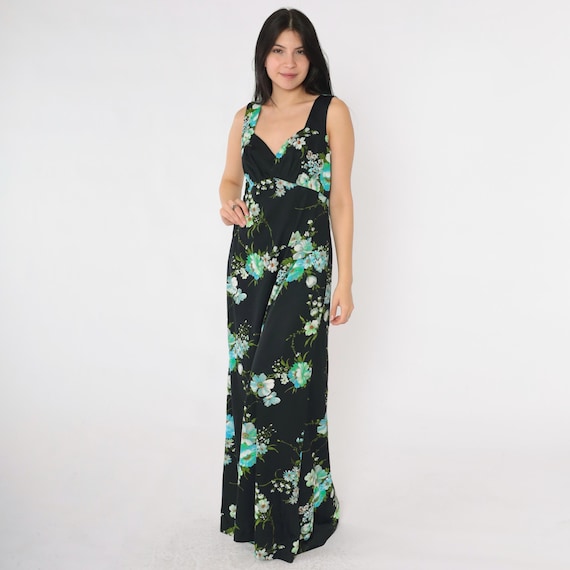 Vintage 70s Boho Maxi Dress Black Floral Empire Waist Sleeveless Sweetheart Neckline Hippie Retro Bohemian Summer 1970s Medium 8
