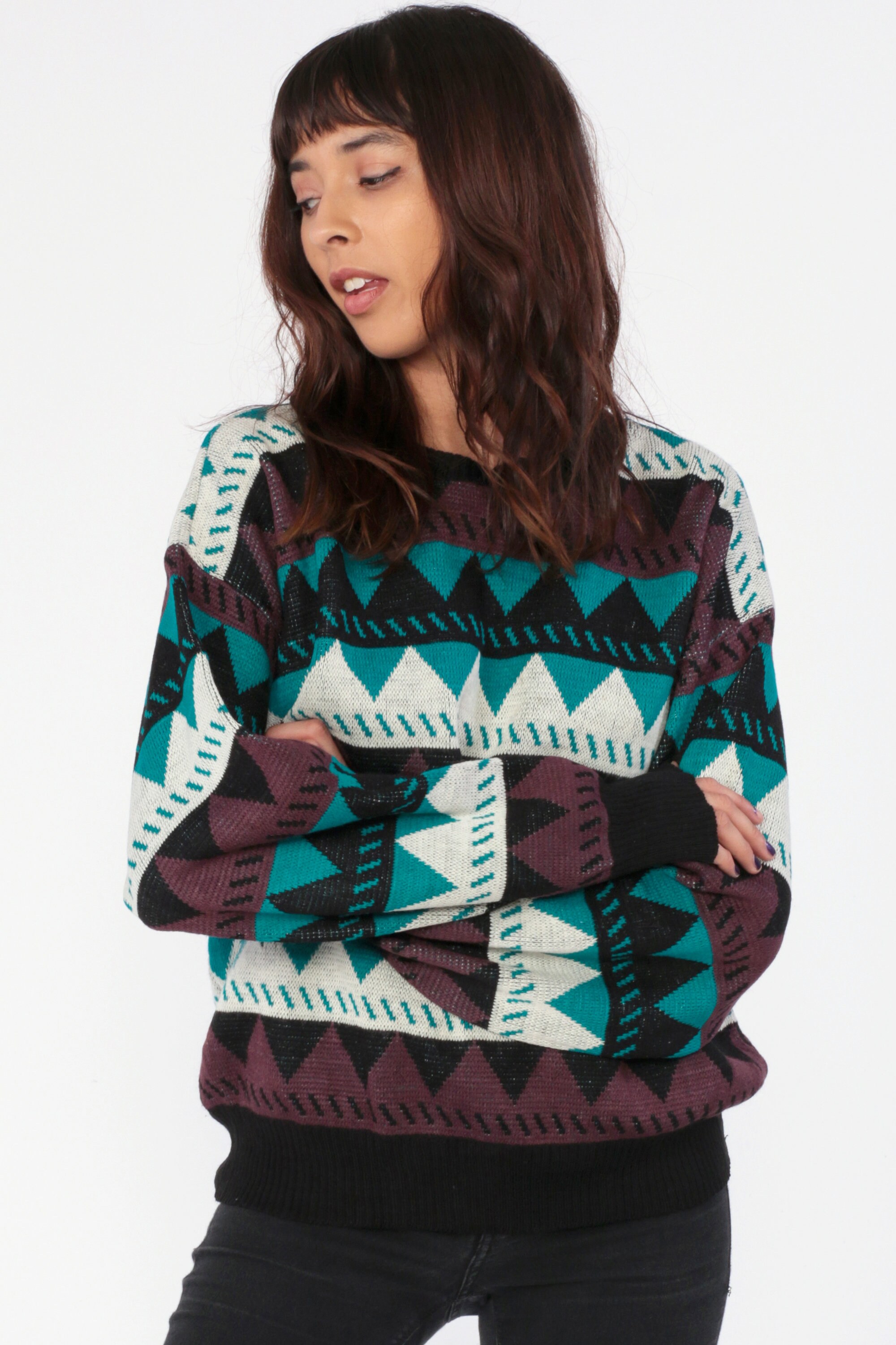Geometric Striped Sweater 80s Zig Zag Sweater Black Turquoise Tribal Knit Jumper 1980s Boho