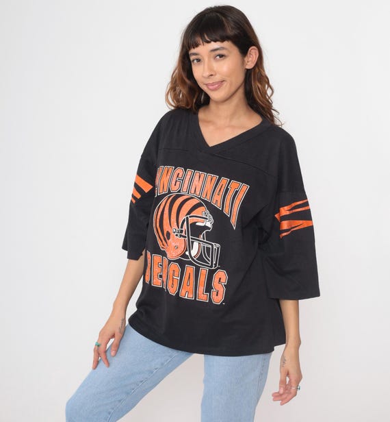 Cincinnati Bengals Shirt 80s NFL Football V Neck Oversized Orange Black Vintage Sports Tee Officially Licensed Garan Extra Large XL