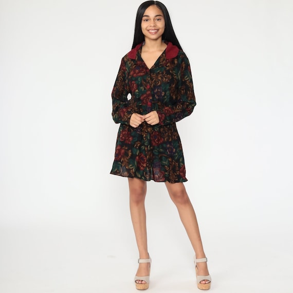 Black Floral Dress Mini Button Up Dress 80s Vintage Secretary Dress 90s High Waist Shirtwaist Dress 1980s Long Sleeve Retro Rayon Large L