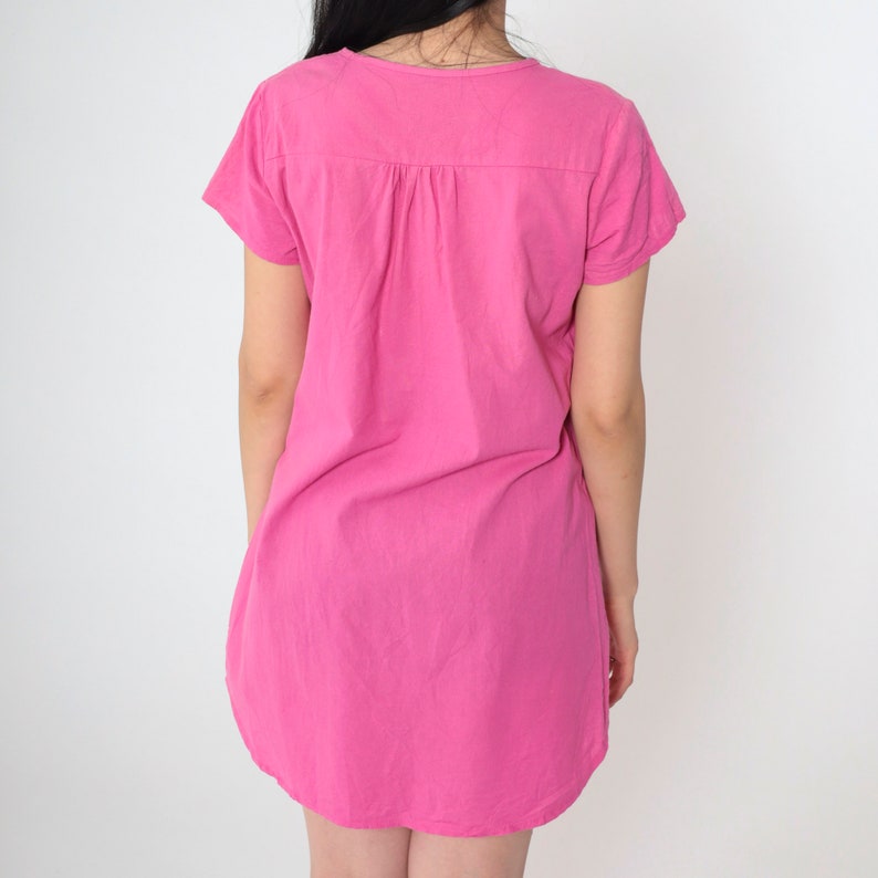 Bright Pink Tshirt Dress Vintage 90s Plain Micro Mini T Shirt Dress Slit Neckline Short Sleeve Normcore 1990s Simple Solid Pink Small S image 5
