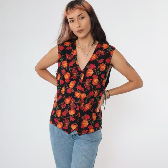 90s Halloween Vest Orange Pumpkin Vest Black Sleeveless Autumn Vest 1990s Vintage Button Up Acorn Leaf Print V Neck Medium