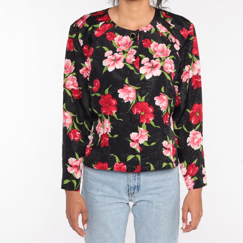 Black Floral Shirt 90s Button Up Shirt Floral Blouse Long Sleeve Top Pink Red Boho 1990s Vintage Liz Claiborne Large L image 5