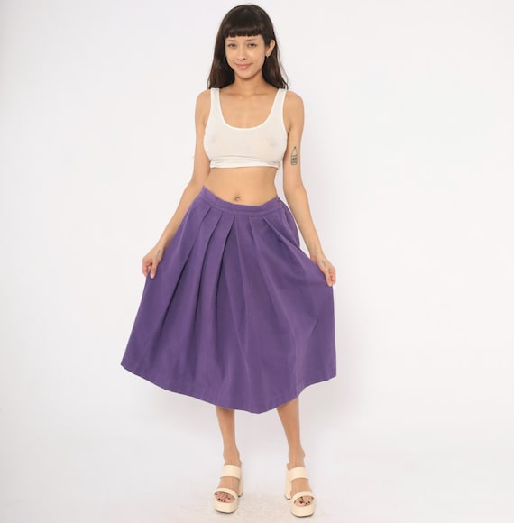 90s Purple Pleated Midi Skirt Violet Cotton Plum Full Flared Elastic Back Lavender Academic Collegiate Autumn Preppy Grape Vintage Medium M