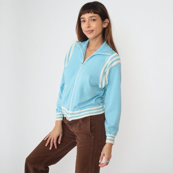 Baby Blue Track Jacket 80s Zip Up Sweatshirt Whit… - image 3