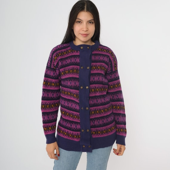 Purple Wool Cardigan 80s Sweater Navy Blue Mustard Yellow Abstract Pattern Long Sleeve Knit Button Front Winter Warm Vintage Small S