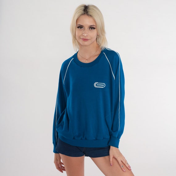 80s Sweatshirt Carsan Shirt Slogan Blue Graphic Raglan Sleeve Pocket Sweatshirt Slouchy 1980s Vintage Pullover Crewneck White Striped Medium