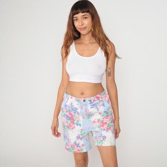 90s Floral Shorts High Waisted Pink Blue Cotton Pockets Summer Vintage Cottagecore Prairie Rose Print Watercolor Pastel Coquette Medium M