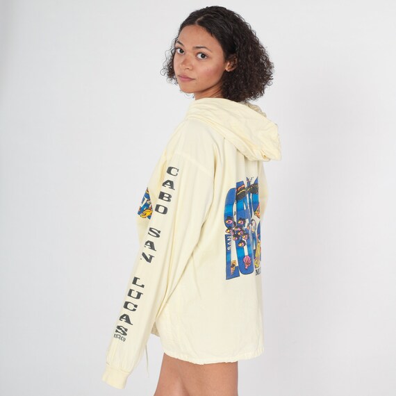 Cabo San Lucas Jacket 90s Pale Yellow Hooded Windbreaker Mexico Zip Up Hoodie Tropical Fish Scuba Diving Retro Hood Vintage 1990s Cotton XL