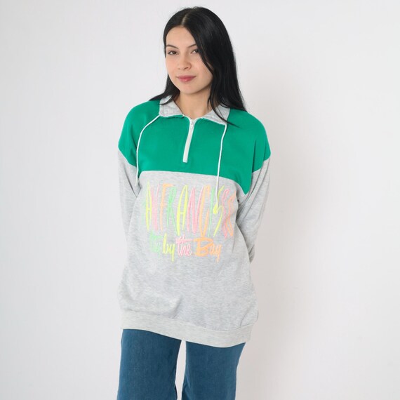 80s San Francisco Sweatshirt Neon Color Block Pullover Quarter Zip Grey Green Drawstring Neckline 1980s Vintage Medium Large